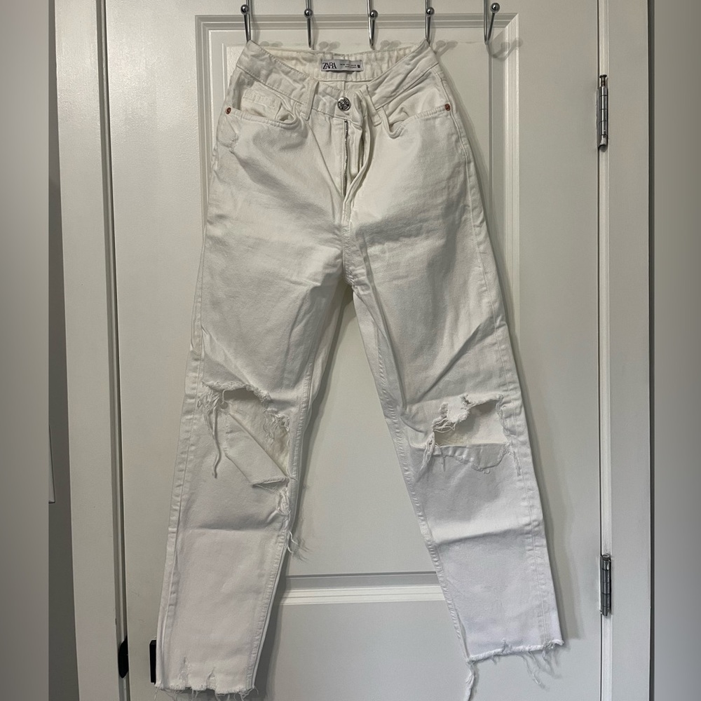 White Distressed High Waisted Straight Leg Zara Jeans